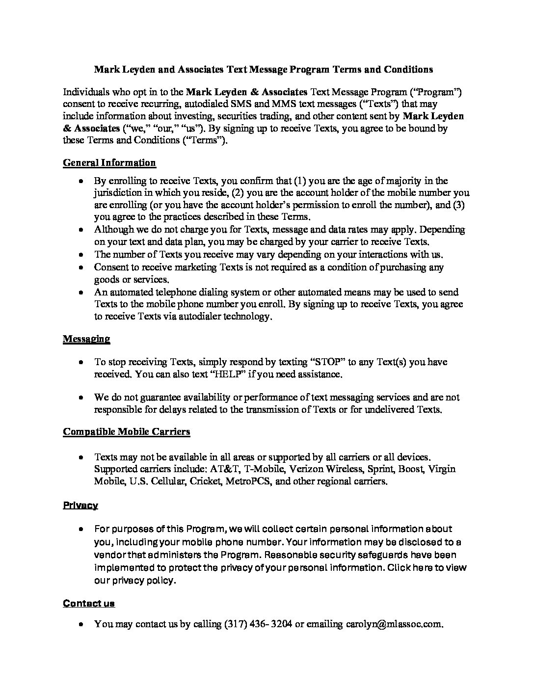 Mark Leyden and Associates Terms and Conditions